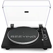 SeeYing Toca-Discos Bluetooth Preto com Rádio FM e 3 Velocidades – Som Vintage e Conexão Moderna