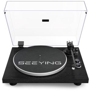 SeeYing Toca Discos de Vinil Bluetooth com Rádio FM 3 Velocidades, Preto