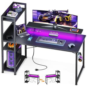 Mesa Gamer Reversível ODK 122 cm Fibra de Carbono Preto com Luzes LED, Tomadas USB, Prateleiras Ajustáveis e Suporte para Monitor,