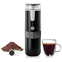 Cafeteira Portátil com Carregamento USB-C e Compatível com Cápsulas ou Moído para Viagens, Acampamentos e Caminhadas, POHHRYVI, Preta