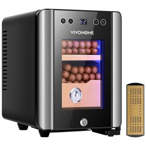 Umidor para Charutos Elétrico 8L até 80 Un com Controle de Temperatura, Umidificador de Água Embutido, Prateleiras e Gaveta em Madeira de