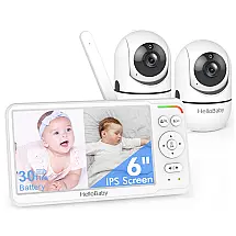 Monitor de Bebê HelloBaby, Tela Dividida IPS de 15,24 cm, 2 Câmeras, 30h de Bateria, Visão Noturna, Controle de Pan/Tilt, 304,8m
