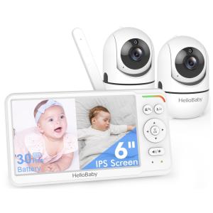 Monitor de Bebê HelloBaby, Tela Dividida IPS de 15,24 cm, 2 Câmeras, 30h de Bateria, Visão Noturna, Controle de Pan/Tilt, 304,8m