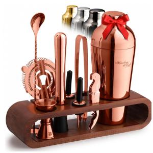 Mixology Kit Bn Profissional 10 Peças em Aço Inoxidável com Suporte de Madeira, Rose Gold
