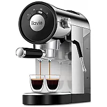 Máquina de Café Expresso em Aço Inoxidável com Bocal de Leite, 110V 1250W, ILAVIE CM801B, Prata e Preto