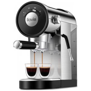 Máquina de Café Expresso em Aço Inoxidável com Bocal de Leite, 110V 1250W, ILAVIE CM801B, Prata e Preto
