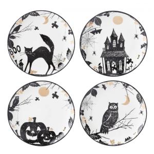 Conjunto de Pratos Decorativos com 4 Peças, Tema de Halloween e Material de Porcelana, LENOX 896871, Branco e Preto