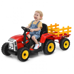 Trator Elétrico Infantil 2 em 1 com Reboque, Controle Remoto, Câmbio de 3 Marchas, Música, USB e Bluetooth, 12V, Olakids, Vermelho