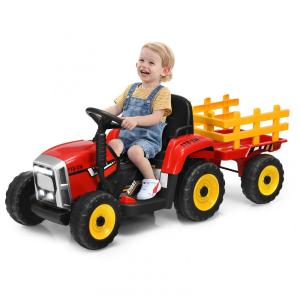 Trator Elétrico Infantil 2 em 1 com Reboque, Controle Remoto, Câmbio de 3 Marchas, Música, USB e Bluetooth, 12V, Olakids, Vermelho