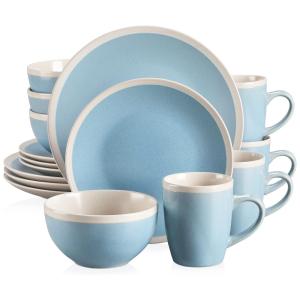 Aparelho de Jantar com 16 Peças em Cerâmica Faiança Incluindo Pratos e Bowls, Vancasso Seesami, Azul