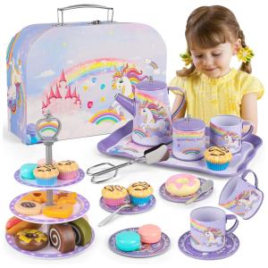 Jogo de Chá Infantil 35 Peças com Tema de Unicórnio e Maleta de Transporte para Crianças Acima de 3 Anos, Wupuaait, Roxo
