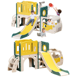 Escorregador para Bebês MOCUTEEN, Playground Temático de Ônibus com Escalador, Cesta de Basquete e Playground Externo para Crianças.