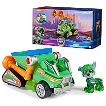 Caminhão de Lixo Reciclador com Boneco de Ação Rocky Mighty Pups, Luzes e Sons para Crianças Acima de 3 Anos, Patrulha Canina, Verde