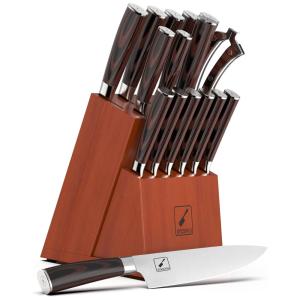 Conjunto de Facas em Aço Inoxidável com Afiador Embutido e Bloco de Bancada 16 Peças, IMARKU, Marrom