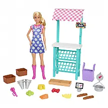 Playset Mercado de Agricultores com Boneca Loira Barbie, Móveis e Acessórios