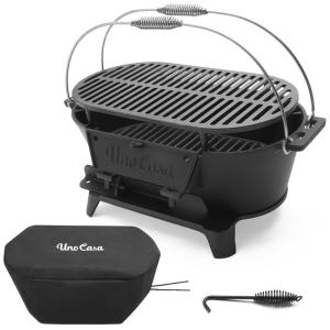 Churrasqueira a Carvão Portátil de Ferro Fundido Pre Temperada com Capa Inclusa, UNO CASA, Preto