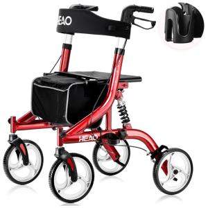 Andador para Idosos e Adultos com Assento, Amortecedor, Encosto Acolchoado e Design Dobrável , até 160 Quilos, HEAO, Vermelho