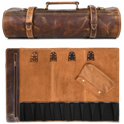Estojo, Bolsa de Couro para Facas com 210 Slots, Facas não Incluídas, AARON LEATHER GOODS VENDIMIA ESTILO KR34s, Marrom