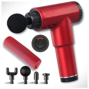 4 Pejiijar SB 123 Massageador Pistola Elétrico Profissional Sem Fio 4 Acessórios, Vermelho