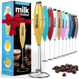 Espumador de Leite Portátil com Suporte de Aço Inoxidável, POWERLIX OU U337 H8LB, Dourado