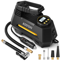Mini Compressor de Ar Elétrico Automotivo, portátil, 12V DC, 100 PSI, 120W com manômetro digital e luz LED, ASTROAI A220B, Preto