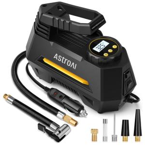 Mini Compressor de Ar Elétrico Automotivo, portátil, 12V DC, 100 PSI, 120W com manômetro digital e luz LED, ASTROAI A220B, Preto