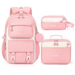 Mochila escolar Fimibuke infantil juvenil rosa, conjunto 3 peças com lancheira térmica e estojo, impermeável