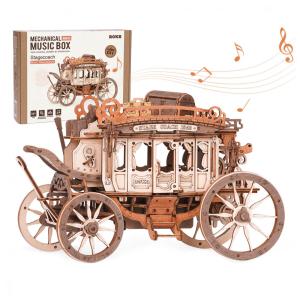 Quebra Cabeças 3D em Madeira para Adultos, Tema Caixa de Música Carruagem Retrô do Velho Oeste com 199 Peças, ROKR