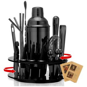 Kit Bartender Profissional 19 Peças em Aço Inoxidável com Suporte de Acrílico Giratório, X cosrack, Preto