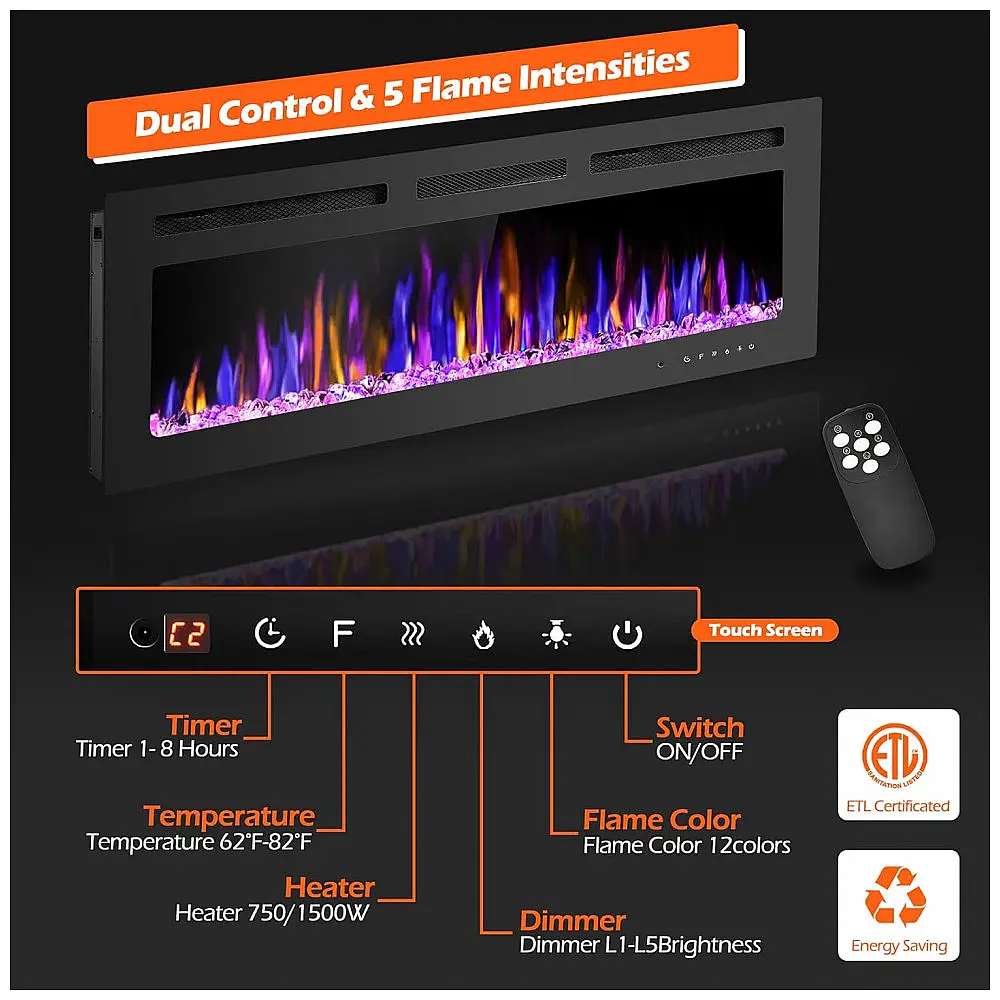 Lareira Elétrica Betelnut 127x43cm 1500W 12 Cores LED Parede Embutir 110V — foto 2