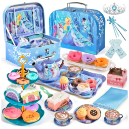 Jogo de Chá Infantil em Lata 49 Peças com Tema de Frozen e Maleta de Transporte para Crianças Acima de 3 Anos, Golray, Azul