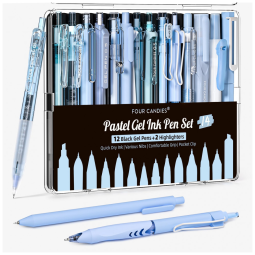 Canetas em gel Four Candies azul com tinta preta e azul e 2 marcadores pastel, ponta fina 0,5 mm retrátil, kit 14 peças para estudo