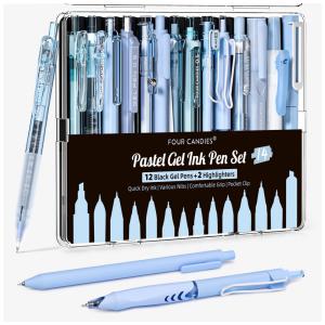Canetas em gel Four Candies azul com tinta preta e azul e 2 marcadores pastel, ponta fina 0,5 mm retrátil, kit 14 peças para estudo