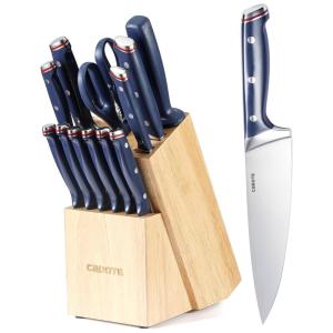 Conjunto de Facas em Aço Inoxidável com Bloco de Bancada e Cabo Ergonômico, 14 Peças, CAROTE, Azul