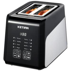 Torradeira Elétrica 2 Fatias em Aço Inoxidável e Painel Digital, 110V 1400W, KETIAN, Preta