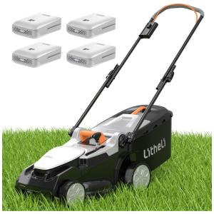 Cortador de Grama Elétrico Litheli 16 Polegadas 20V para Jardins, Leve e Sem Fio, com Ajuste de Altura em 6 Posições e 4 Baterias de 4.