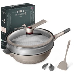 TIBORANG Panela Frigideira 6L Antiaderente 8 em 1 com Revestimento de Alumínio e Titânio Fundido e Indicador de Calor, Cinza