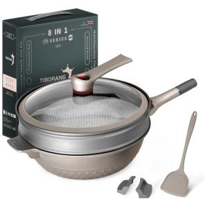 TIBORANG Panela Frigideira 6L Antiaderente 8 em 1 com Revestimento de Alumínio e Titânio Fundido e Indicador de Calor, Cinza