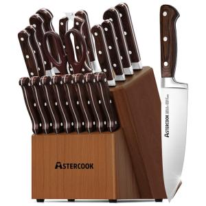 Conjunto de Facas Astercook em Aço Inoxidável com Bloco de Bancada Multinível, 21 Peças, Marrom
