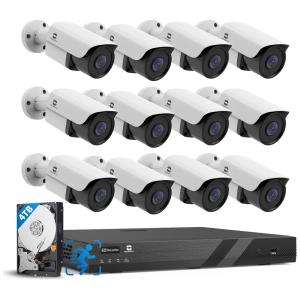 Sistema de Segurança Externa com Fio 16 Canais 4K 8MP NVR HDD de 4TB, 12 Câmeras, GWSECU, Branca