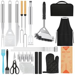 Kit Churrasco na Grelha 30 Peças de Aço Inoxidável e Escova de Limpeza com Luva, Avental e Estojo de zenamento, KEYLITOS JRUSBBQ30SET