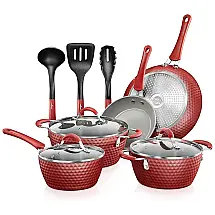 Conjunto de Panelas Antiaderentes e Utensílios, 11 Peças, NUTRICHEF NCCW11RDD, Vermelho