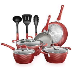 Conjunto de Panelas Antiaderentes e Utensílios, 11 Peças, NUTRICHEF NCCW11RDD, Vermelho