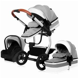 Carrinho de Bebê 3 em 1 com Estrutura de Alumínio e Couro PU, Encosto Ajustável e Base de Assento Infantil, ElveBuka, Cinza