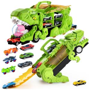 Caminhão Transportador Dinossauro 2 em 1 com 10 Carros de Corrida para Crianças de 3 a 8 Anos, OriJoy