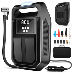 Compressor de Ar com Fio Portátil 150 PSI com com Display Digital, Luz LED e Acessórios, 12V, FBK, Preto