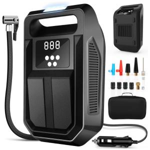 Compressor de Ar com Fio Portátil 150 PSI com com Display Digital, Luz LED e Acessórios, 12V, FBK, Preto