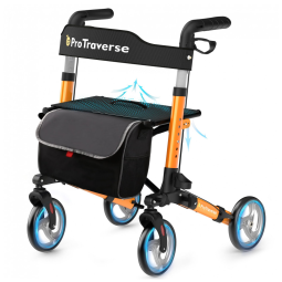 Andador para Idosos, Rollator com Assento, Leve e Dobrável para Todos os Terrenos, Altura Ajustável, Rodas Grandes, Laranja,ProTraverse