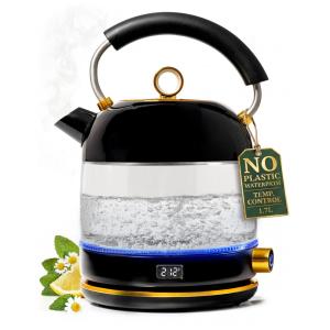 Chaleira elétrica STYLED SETTINGS vidro preto e dourado 1,7L 1500W controle de temperatura sem plástico em contato com a água 110V