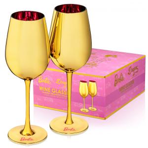 Kit de Taças para Vinho da Barbie, 500 mL Ouro com Vidro de Cristal Rosa, 2 Un, Dragon Glassware